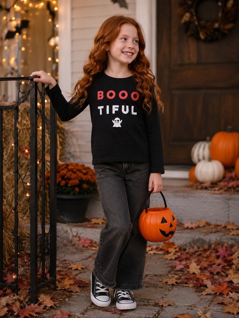 OshKosh Girls Halloween BOOOTIFUL Ghost Black Long Sleeve Shirt Size 7